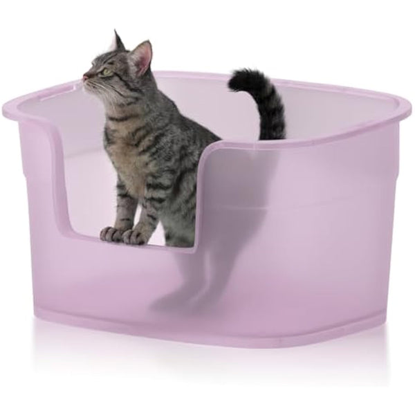 Extra Large Cat Litter Tray, 63cm x 45cm x 33cm Deep, Easy Cleaning, Lowered Entry, Anti-Spillage, Transparent Purple