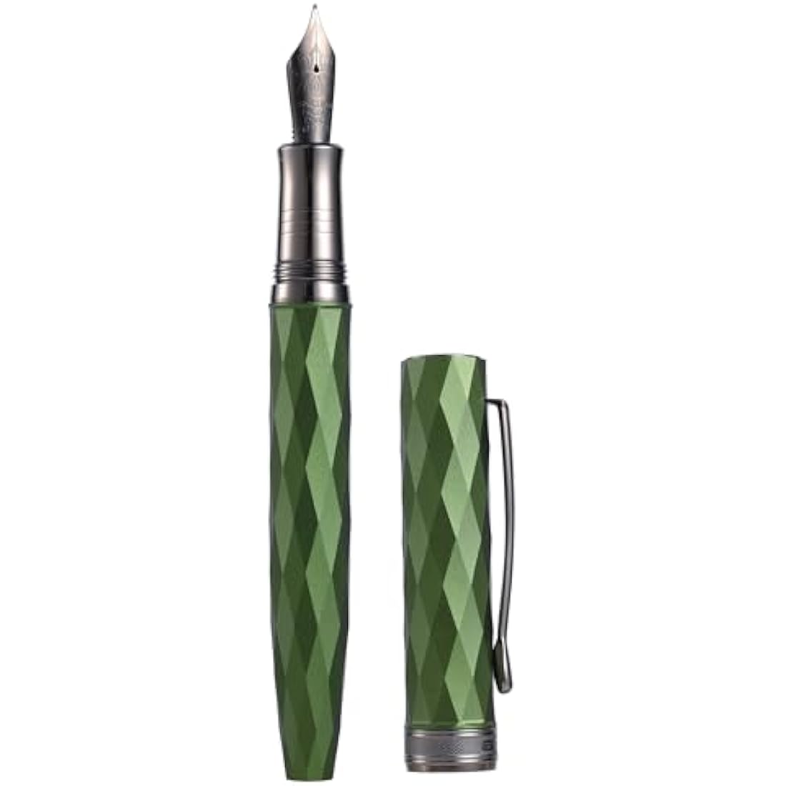 Hongdian N11 Fountain Pen, Titanium-Coated Black Fine Soft Nib, Grass Green & Lozenge Geometric Design with Metal Case Set