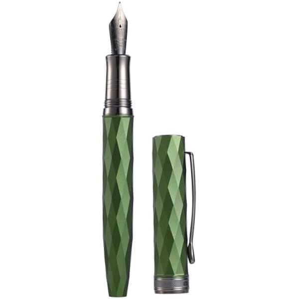 Hongdian N11 Fountain Pen, Titanium-Coated Black Fine Soft Nib, Grass Green & Lozenge Geometric Design with Metal Case Set