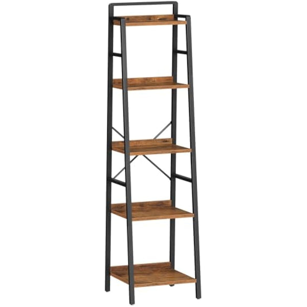 HOOBRO Ladder Shelf, Tall Narrow Bookcase, 5-Tier Book Shelf with Metal Frame, Tall Storage Shelf, Industrial Storage Unit for Home Office, Living Room, Bedroom, Rustic Brown and Black EBF35SJ01