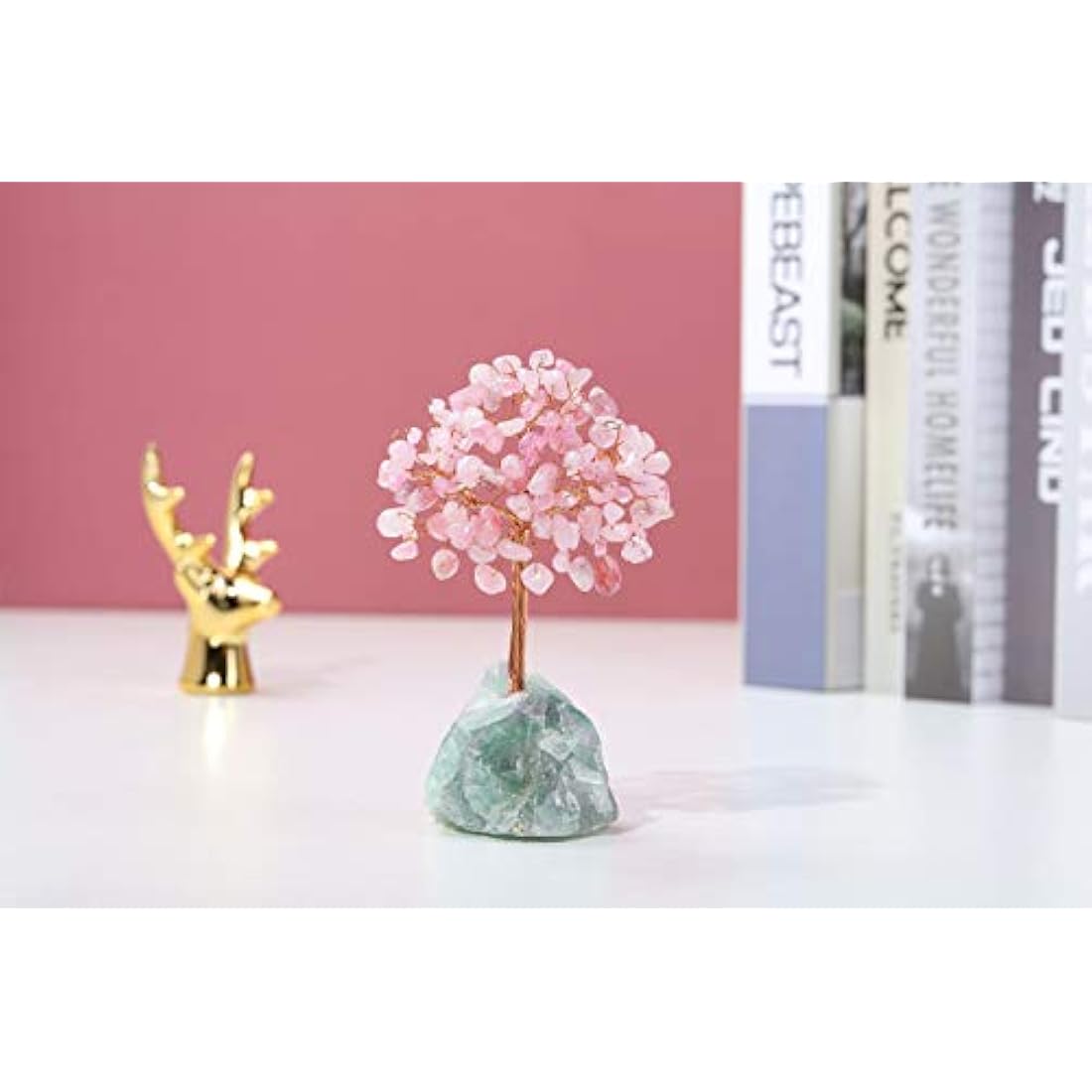 JSDDE Rose Quartz Crystal Healing Crystals Gemstones Feng Shui Money Tree of Life Figurines