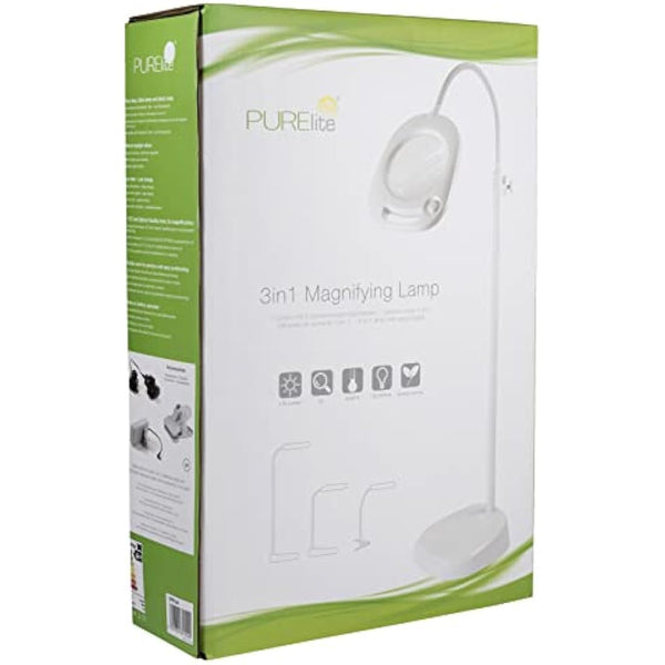 PURElite Magnifying LED Floor Lamp – 3in1 Lamp, Table Lamp & Clip-on Light, Natural Daylight Bulbs, Dimmer Switch, Adjustable Flexi Neck, For Needlework, Sewing, Crafting, Reading