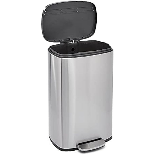 Amazon Basics Rectangular Soft-Close Rubbish Bin with Plastic Lid, 50 Litres, Satin Nickel