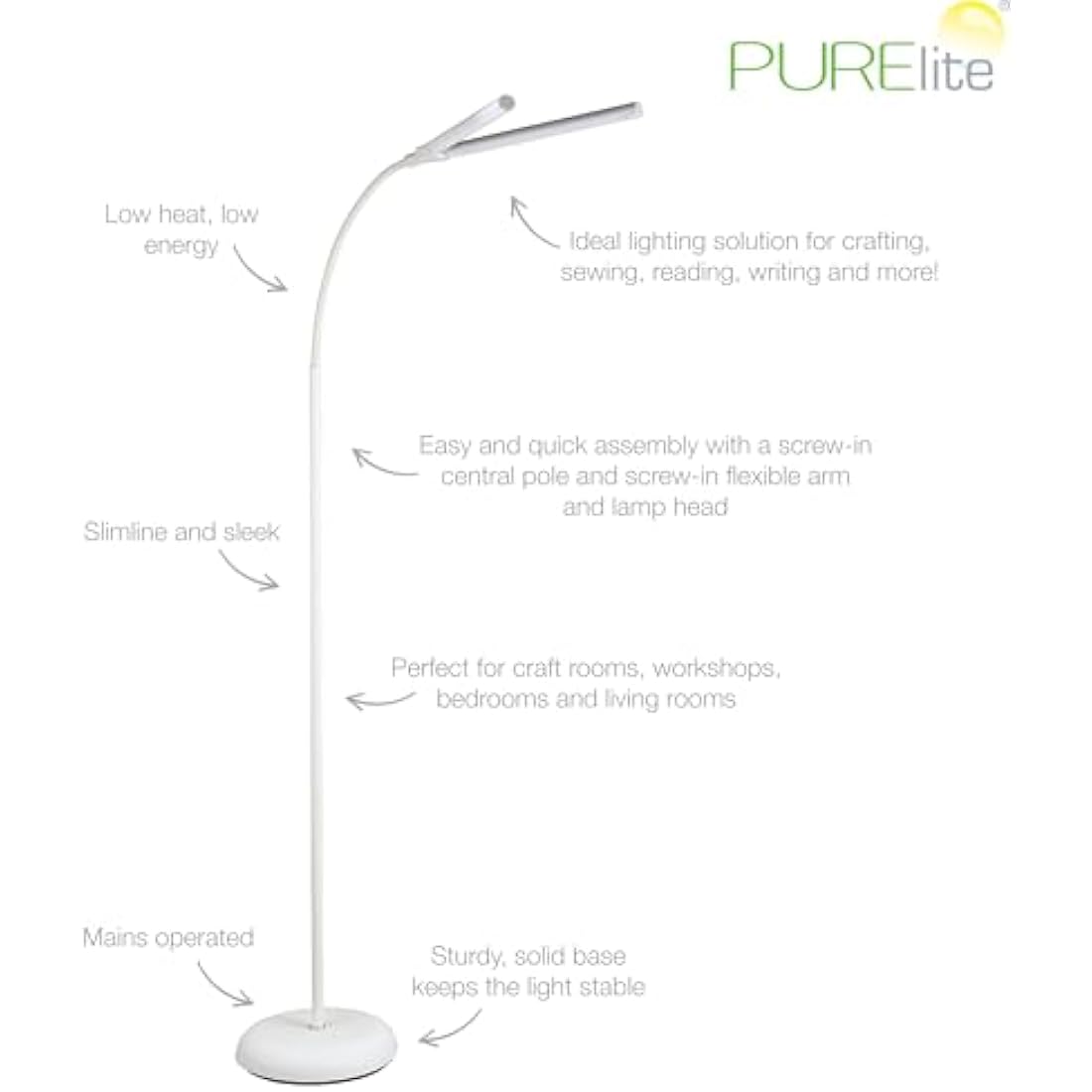 PURElite Natural Daylight Floor Lamp – Twin Lights for Double Power, Flexible LED Floor Light, 4 Colour Brightness Settings, Natural Daylight Bulbs for Reading, Needlework, Sewing, Crafting - White