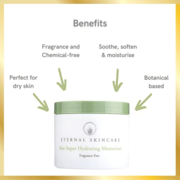 Eternal Skincare - Aloe Super Hydrating Moisturiser (225ml) Fragrance Free - Rich in Aloe Vera. For Dry and Sensitive Skin. For Body & Face. Made in UK.