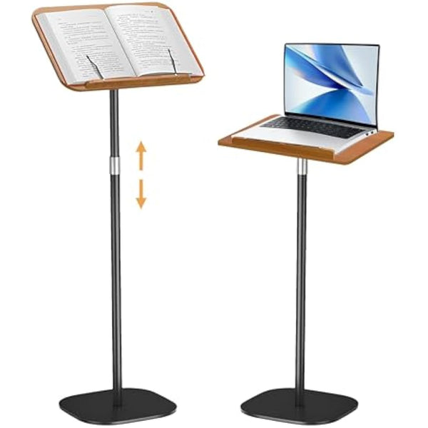 aleawol Wood Book Stand Adjustable Height and Angle, Cookbook Holder Reading Book Stand with Page Paper Clips, Wooden Tablet Holder Floor Book Stands for Reading Drawing