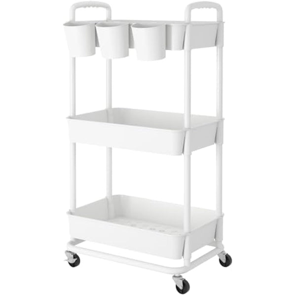 JIUYOTREE 3-Tier Plastic Rolling Storage Cart Utility Cart with Extra Hanging Cups Handles Lockable Wheels for Living Room Bathroom Kitchen Office White