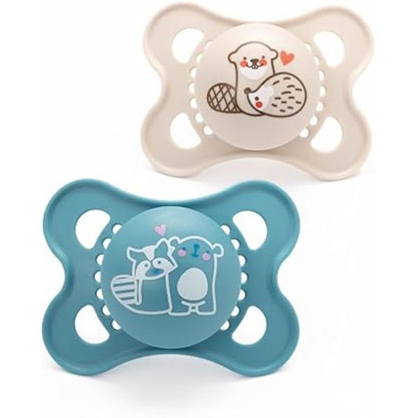 MAM Original Soothers | 0-6 Months | 2 Pack | Comes in Dummy Steriliser Case | Sustainable Materials | Baby Accessories for Newborn | Blue/Cream (Various Designs)