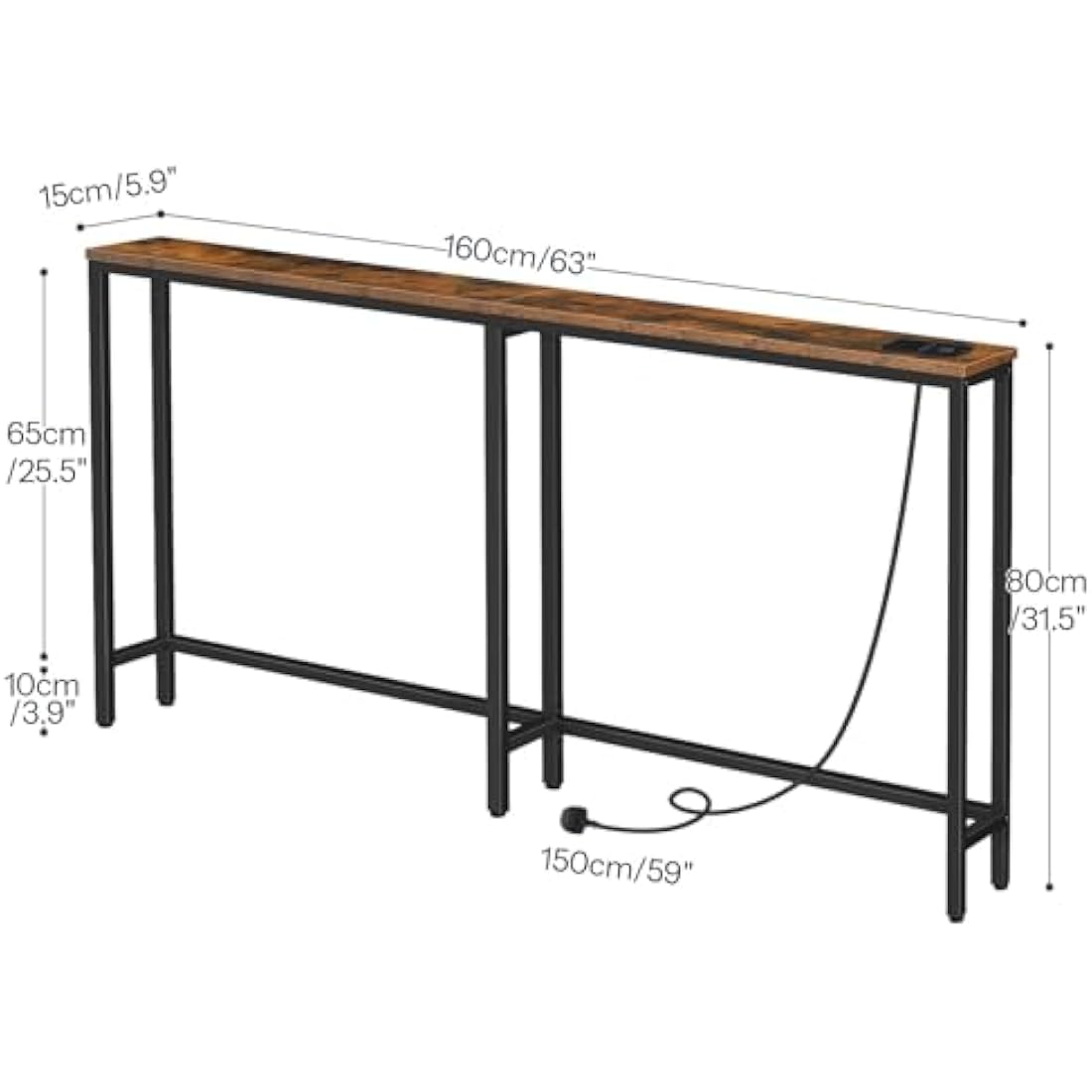 HOOBRO Narrow Console Table with Charging Station, 160 cm Behind Sofa Couch Table, Long Hallway Table, Slim Console Table for Hallway, Entryway, Living Room, Rustic Brown and Black EBF165KXG01