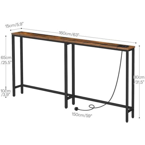 HOOBRO Narrow Console Table with Charging Station, 160 cm Behind Sofa Couch Table, Long Hallway Table, Slim Console Table for Hallway, Entryway, Living Room, Rustic Brown and Black EBF165KXG01