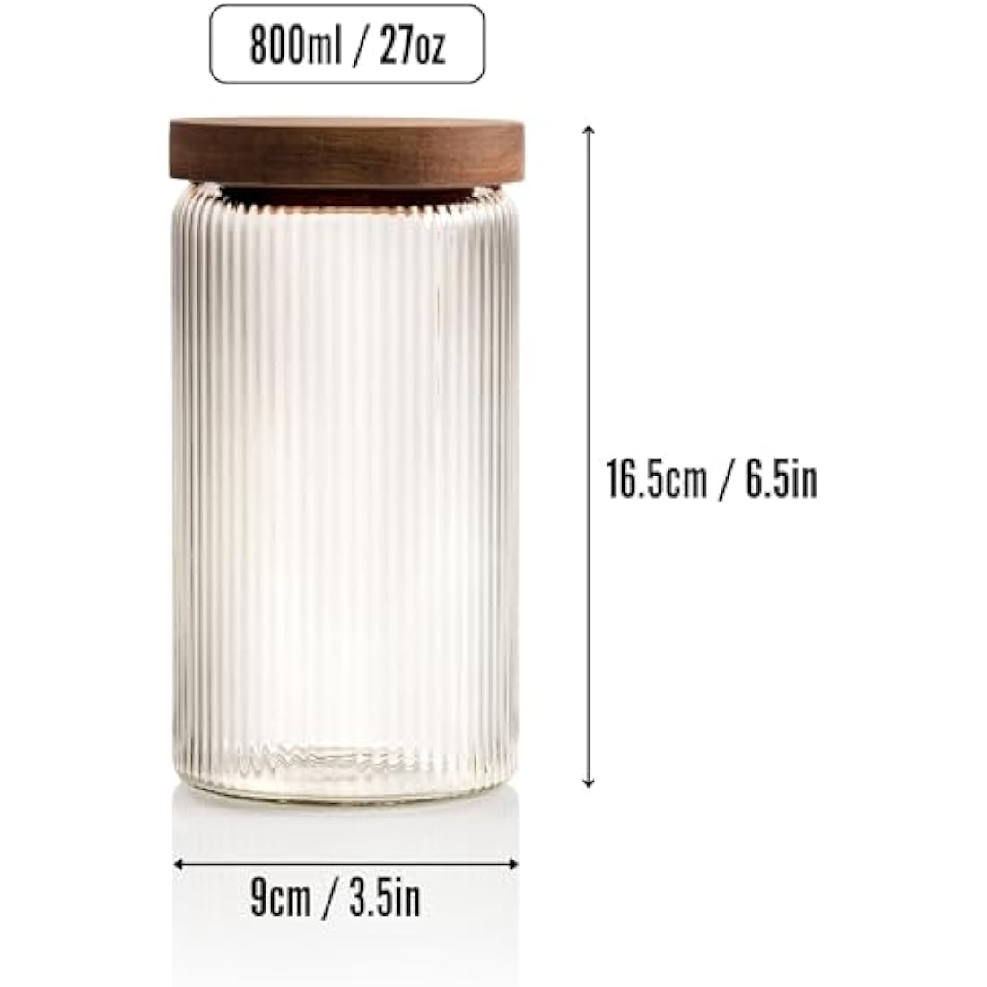 Mason & Fable Ribbed Glass Jar with Wooden Lid 800ml-Set of 3| Airtight Fluted Storage Canister for Food, Pasta, Coffee, Dog Treats, Snacks | Container for Home & Kitchen