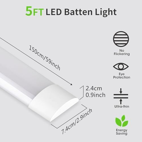HUMIGA 4 Pack 5FT LED Batten Light, 50W 4500LM Slim Profile Wide Tube Lighting for Ceiling of Indoor Home Garage Shop Office, PC Body, Neutral White 4000K