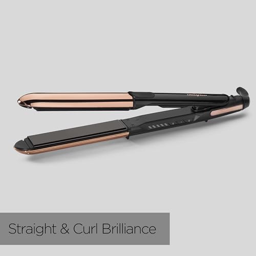 BaByliss Straight and Curl Brilliance Hair Straighteners - Curved Metal Design Easy Styling, Smoothing Titanium Plates, Ionic Anti-Frizz, Fast 15 Second Heat Up, 5 Heat Settings Up to 235°C, 2481U