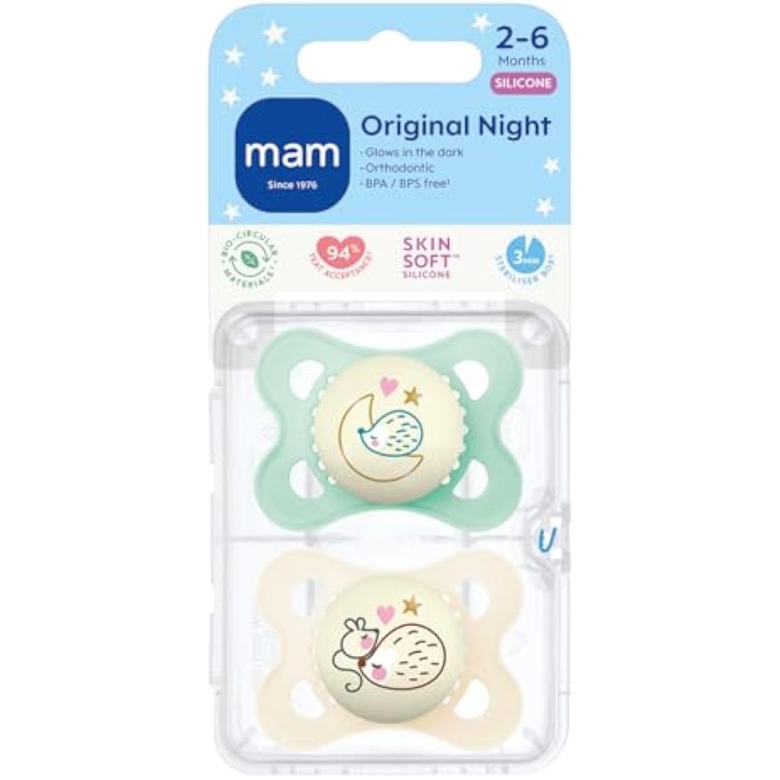 MAM Original Night Soothers | 0-6 Months | 2 Pack | Glow in The Dark | Comes in Dummy Steriliser Case | Baby Accessories for Newborn | Cream (Various Designs)