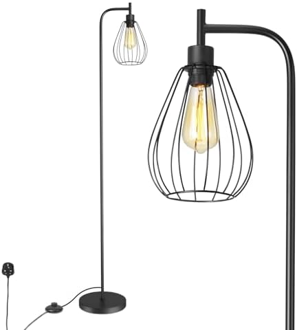 ArcoMead Industrial Floor Lamp, Black Standing Lamp Tall Pole Light with Teardrop Cage Head, Whole Metal Rustic Floor Lamp with Foot Switch for Bedroom, Living Room Farmhouse Office