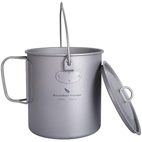 iBasingo 1250ml Titanium Mug Camping Cup Tea Coffee Water Pot with Lid Ultralight Outdoor Travel Tableware with Foldable Handle Picnic Backpacking Trekking Portable Drinkware Survival Gear Ti3042D