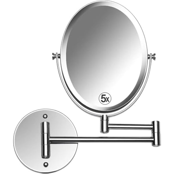 Extending Wall Mounted Bathroom Mirror for Shaving and Makeup - Double Sided 5X / 1X Magnification with 360° Rotation - 33cm Extendable Swivel Arm, Oval 17x22cm (Polished Chrome)