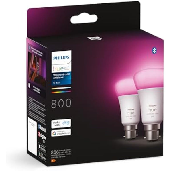 Philips Hue White and Colour Ambiance Smart Bulb Twin Pack LED [B22 Bayonet Cap] - 806 Lumens 60W Equivalent. for Home Indoor Lighting, Livingroom and Bedroom, 2 Count (Pack of 1)