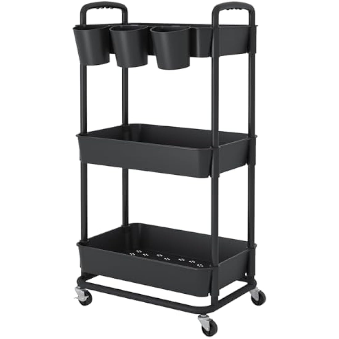 JIUYOTREE 3-Tier Plastic Rolling Storage Cart Utility Cart with Extra Hanging Cups Handles Lockable Wheels for Living Room Bathroom Kitchen Office Black