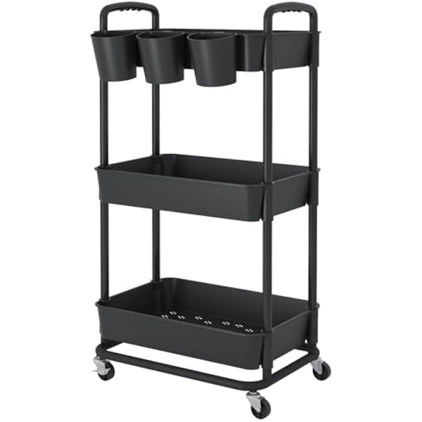 JIUYOTREE 3-Tier Plastic Rolling Storage Cart Utility Cart with Extra Hanging Cups Handles Lockable Wheels for Living Room Bathroom Kitchen Office Black