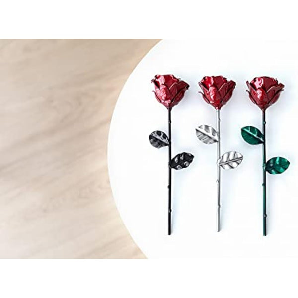 Forging Art Bcn® Hand Forged Eternal Wrought Iron Rose - Gift for Valentine's Day, Mother's Day, 6th Year Wedding Anniversary (Red/Green Without Base)