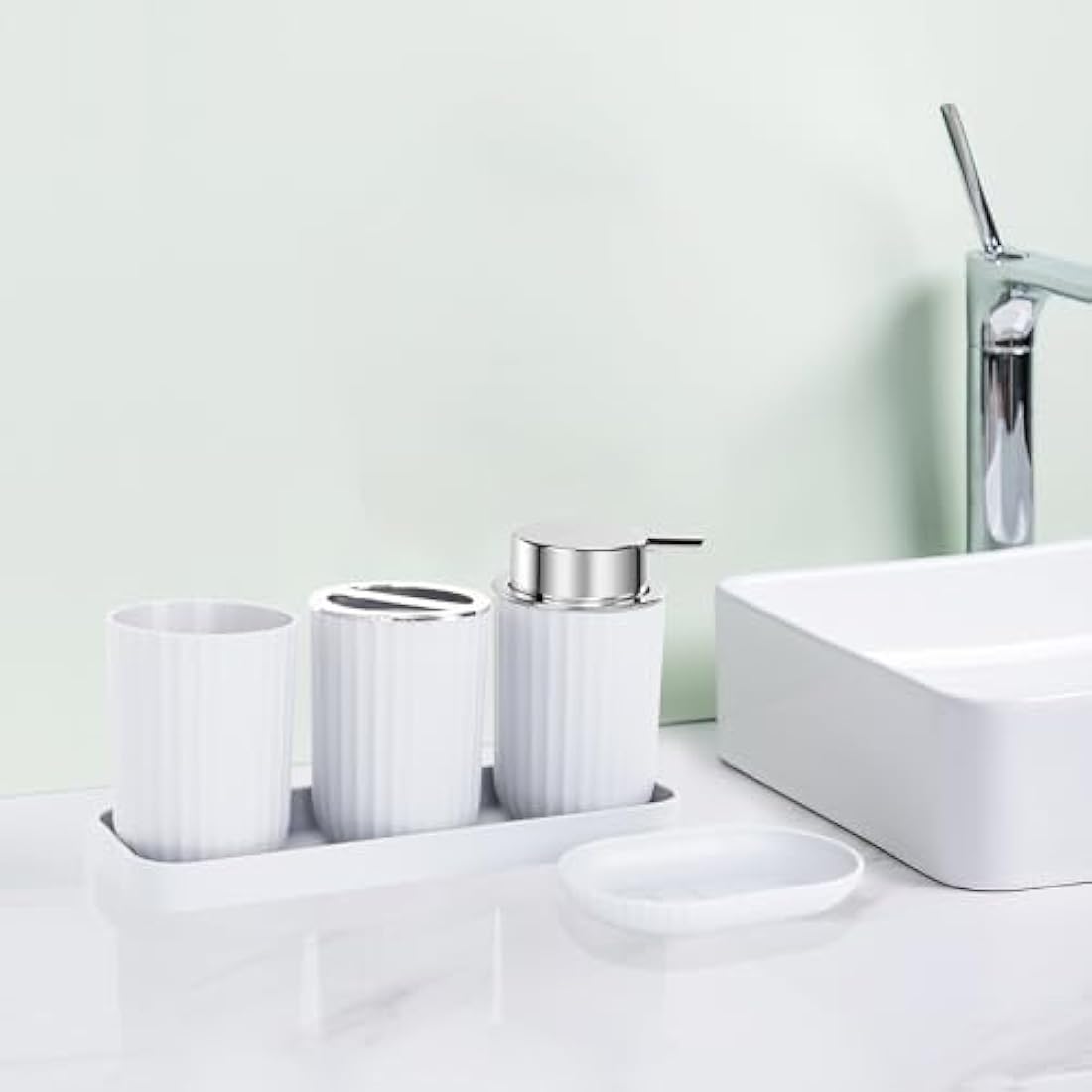 FEILANDUO Bathroom Accessories Sets Complete, 8 Pcs Bathroom Accessory Set with Trash Can, Soap Dispenser, Soap Dish, Toothbrush Holder, Toothbrush Cup, Toilet Brush and Qtip Holders,Vanity Tray White