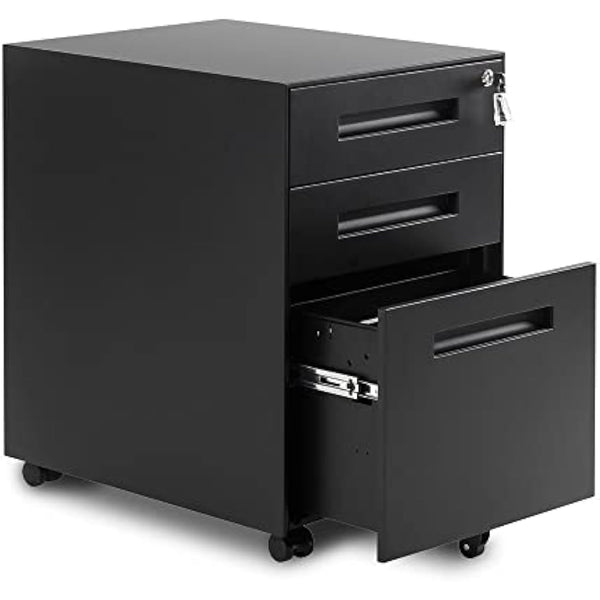 3 Drawer Mobile File Cabinet Filing Pedestal with Keys, Fully Assembled Except Casters,Metal Solid-Black