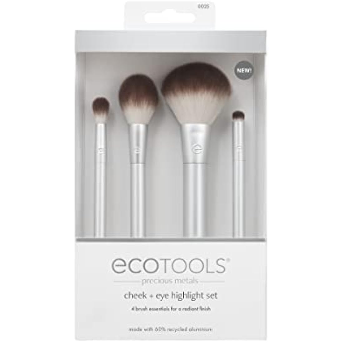 EcoTools Precious Metals Cheek & Eye Highlight Makeup Brush Kit, for Eyeshadow, Blush, & Powder Products, Eco Friendly, Vegan, Cruelty Free Face Brushes, Recycled Aluminum, Chrome, 4 Piece Set