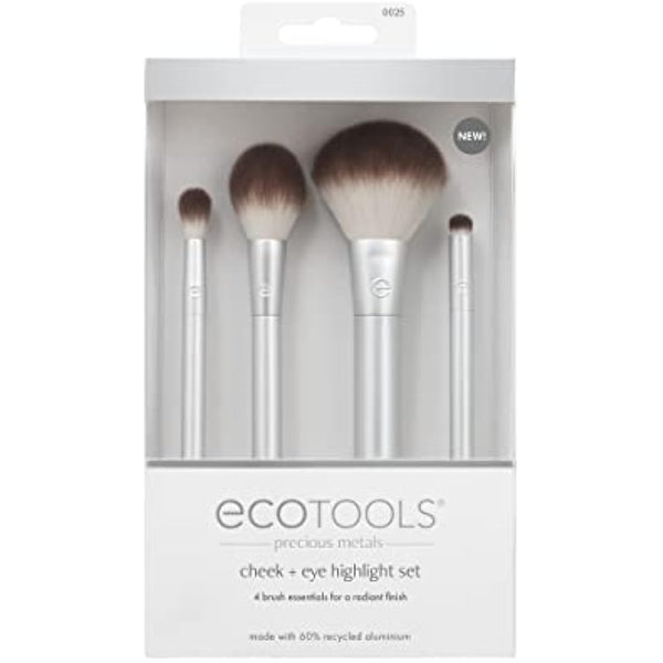 EcoTools Precious Metals Cheek & Eye Highlight Makeup Brush Kit, for Eyeshadow, Blush, & Powder Products, Eco Friendly, Vegan, Cruelty Free Face Brushes, Recycled Aluminum, Chrome, 4 Piece Set