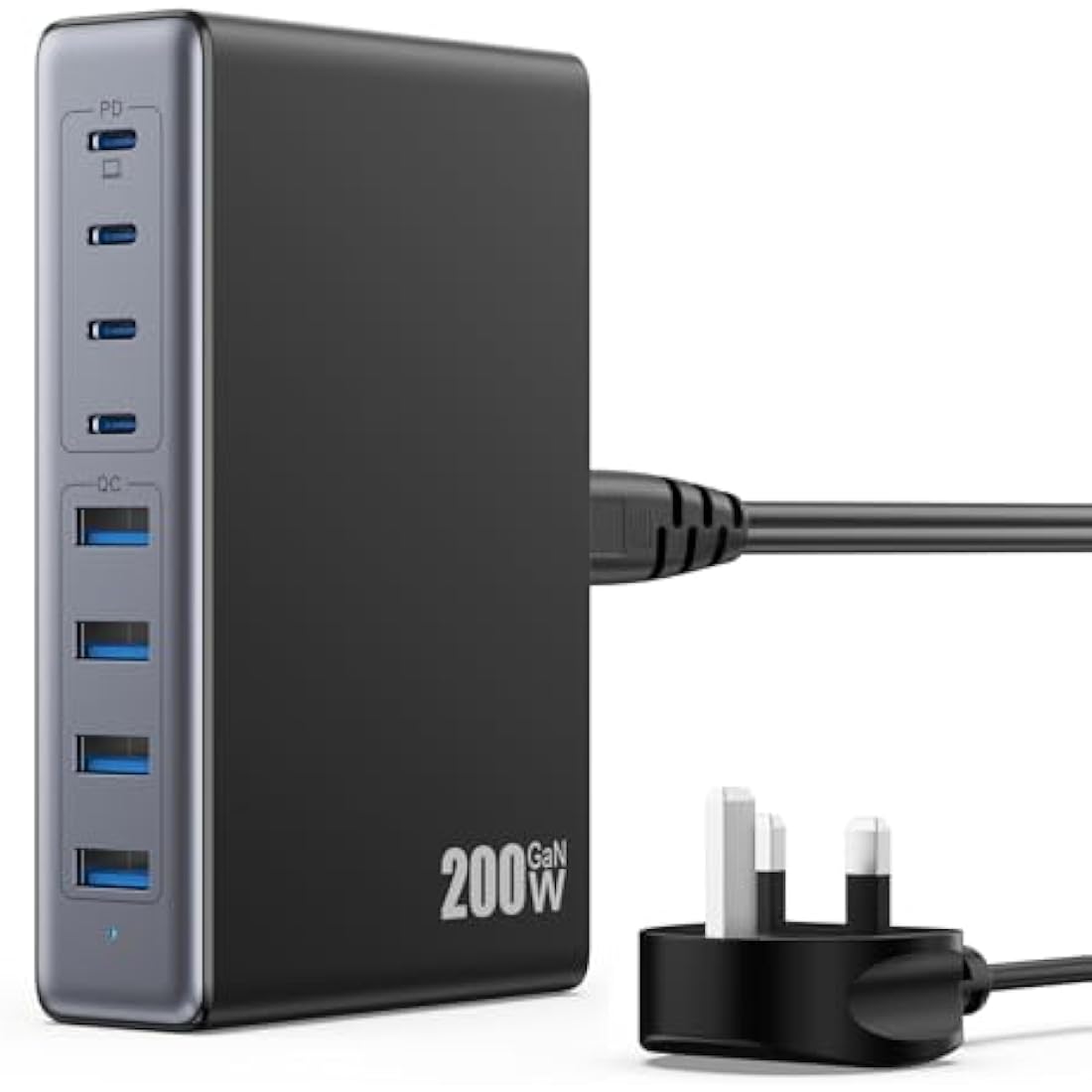 200W USB C Charger Block,GaN III 8-Ports USB C Charging Hub,QC4.0 Fast Phone Charging Station+PD 65W Laptop Charger Compatible with MacBook Pro/Air,DELL,iPhone 16 Pro/15,Galaxy S24/S23,Steam Deck
