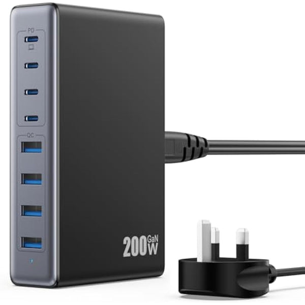 200W USB C Charger Block,GaN III 8-Ports USB C Charging Hub,QC4.0 Fast Phone Charging Station+PD 65W Laptop Charger Compatible with MacBook Pro/Air,DELL,iPhone 16 Pro/15,Galaxy S24/S23,Steam Deck
