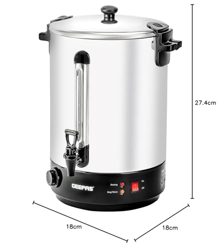 Geepas Electric Catering Urn, 1650W Instant Hot Water Boiler Dispenser - Tea Urn Kettle Home Brewing Commercial Office Use with Keep Warm - Easy Pour Tap, 15 Litre, Stainless Steel – 2 Year Warranty