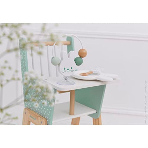 Janod - Zen FSC Wood Highchair - Pretend Play Toy - Accessory for Dolls up to 42 cm - 3 Years +, J05901,Water Green/White