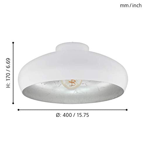 Eglo Mogano Vintage Flush Ceiling Light, Industrial Design White and Silver Steel Ceiling Lamp, Living Room, Kitchen, Hallway Lighting, E27 Socket