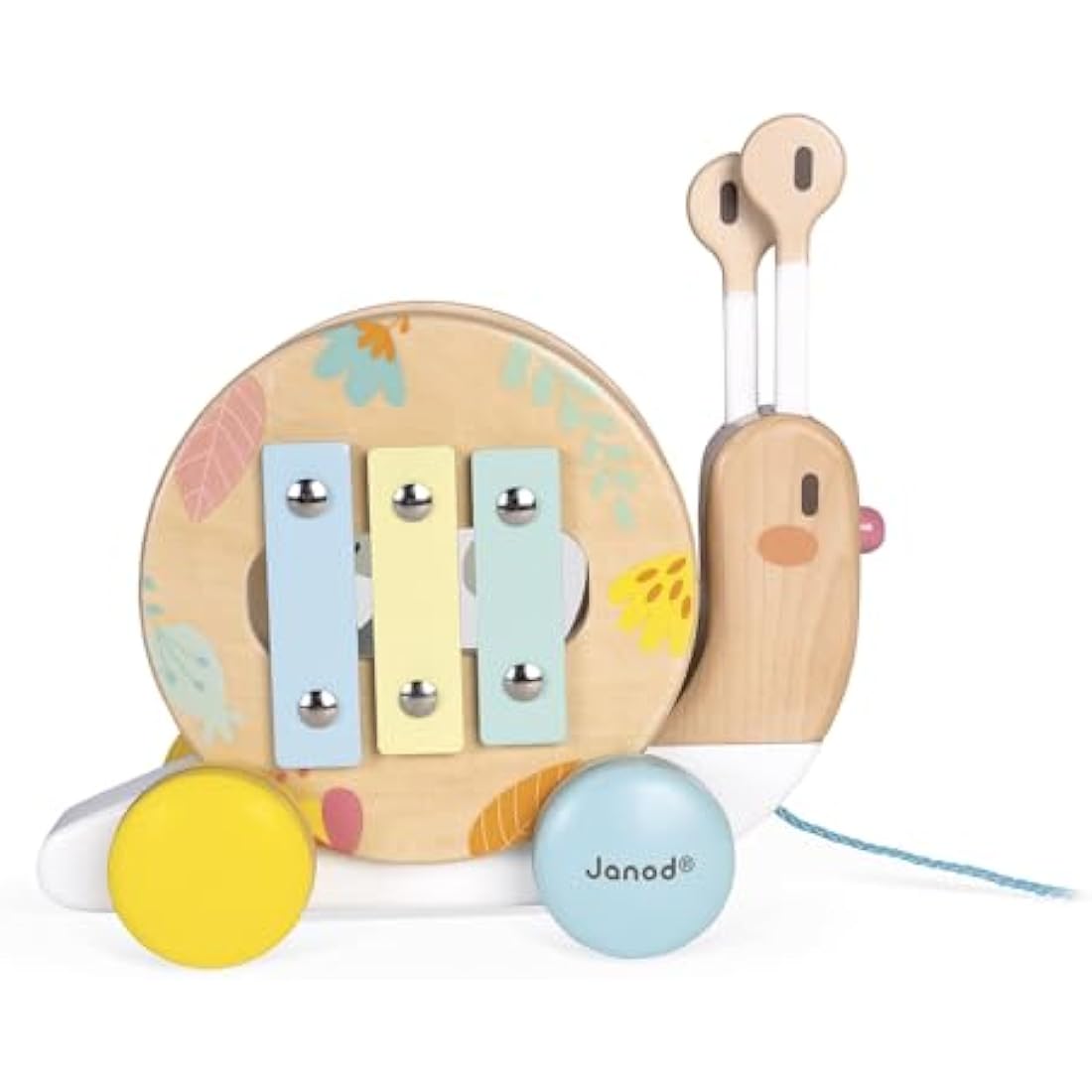 Janod - Wooden Pure Pull-Along Snail - Wooden Toy with Xylophone and Tambourine - Water Based Paint - Educational Musical Early Learning Toy - from 1 Year Old, J05159