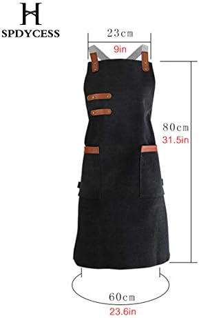 SPDYCESS Apron Washed Canvas Adjustable Waterproof Bib with 2 Pockets Unisex Women Men Cooking Chefs Work Aprons for Home Kitchen Restaurant Coffee House Bistro BBQ Black