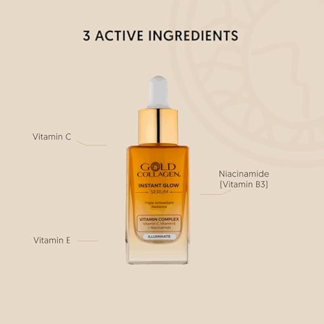 GOLD COLLAGEN Instant Glow - Vitamin C, Vitamin E, Glycerine & Niacinamide Serum Pore Minimizer & Moisturiser Skincare, Anti Aging Face Serum Against Wrinkles, Triple Antioxidant Action Skin Care 30ml
