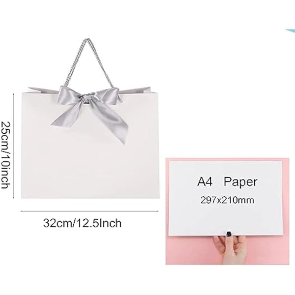 10 Pcs White Gift Bags with Silver Bow Ribbon, Paper Party Favor Bag with Handles Gift Bags Large for Wedding Graduation Birthday Party Celebration Present Bags, 12.5x10x4.3 Inches