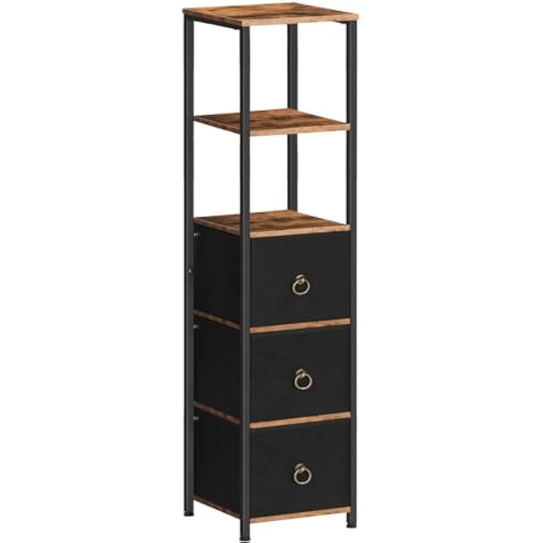 HOOBRO Tall Bathroom Cabinet, Narrow Corner Storage Cabinet, Slim Corner Shelf Unit with 3 Fabric Drawers and 2 Open Shelves, Narrow Storage Unit for Living Room, Rustic Brown and Black EBF140CW01
