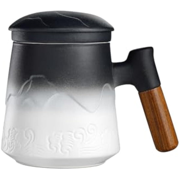 ZENS Tea Mug with Infuser and Lid, 450ML Embossed Ceramic Loose Leaf Tea Cup with Fine Strainers for Diffusers, Wood Handle Tea Infuer Mug for Steeper Tea Accessories for Women Tea Lovers Gifts