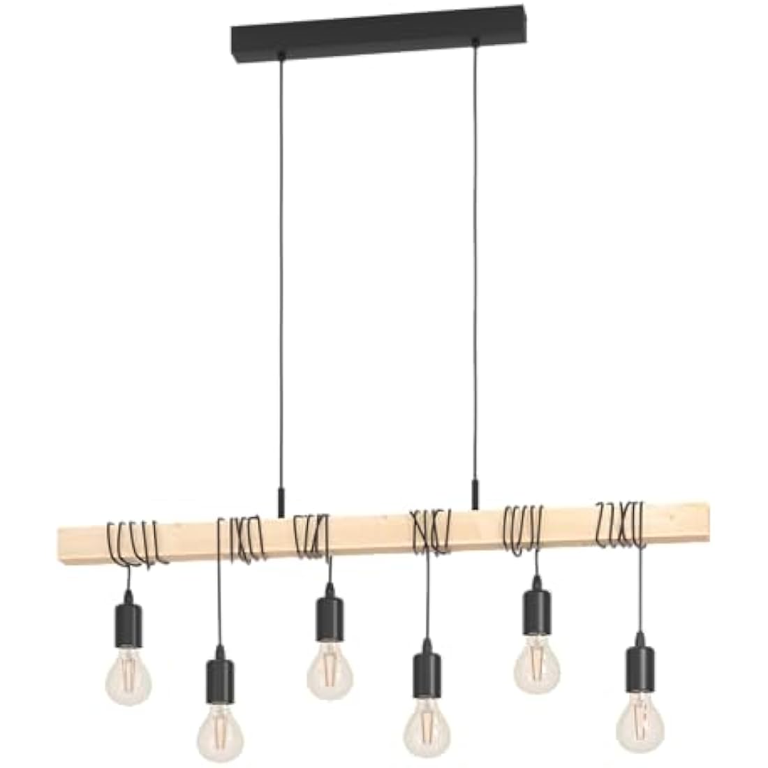 Eglo Pendant Lighting Townshend, 6 Light Vintage Hanging lamp in Industrial Design, Retro Ceiling Light Made of Black Metal and Natural Wood, FSC Certified, E27