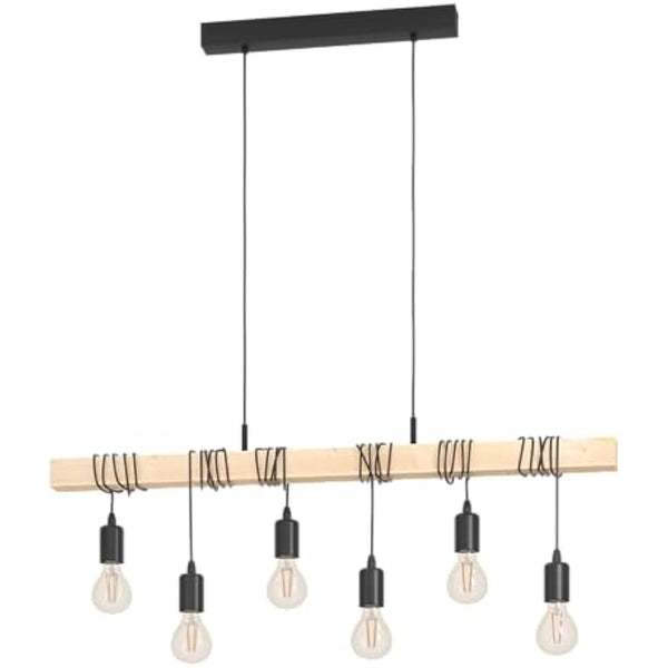 Eglo Pendant Lighting Townshend, 6 Light Vintage Hanging lamp in Industrial Design, Retro Ceiling Light Made of Black Metal and Natural Wood, FSC Certified, E27