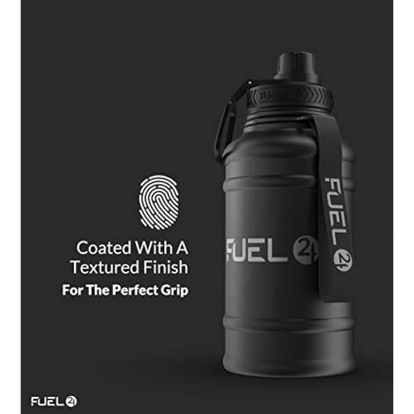 Fuel24 1.3L/2.2L Black Water Bottle Metal - STRONG, Drop & Leakproof BPA free 2L 1L Stainless Steel Water Bottle (1 Litre) - Large Gym Bottles for Men, Sports Water Bottle, Travel, Hiking Water Bottle
