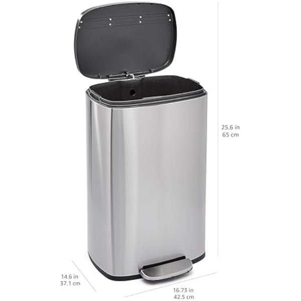Amazon Basics Rectangular Soft-Close Rubbish Bin with Plastic Lid, 50 Litres, Satin Nickel