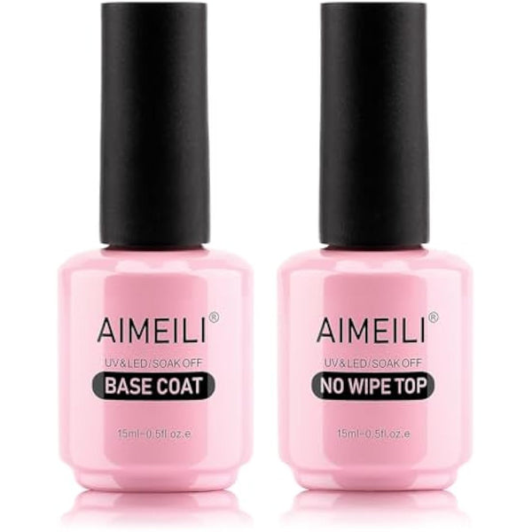AIMEILI Base and Top Coat Gel Nail Polish Set, Shine Finish and Long Lasting, UV LED Soak Off Gel Nail Lacquer Gel Nail Polish Varnish - 2 x 15ml