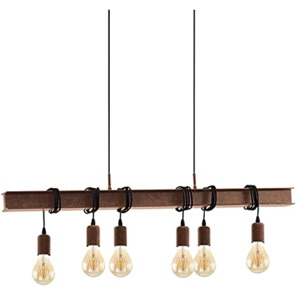 Eglo Townshend 6-flame vintage/industrial design pendant lamp, retro steel and antique brown hanging light, E27 socket
