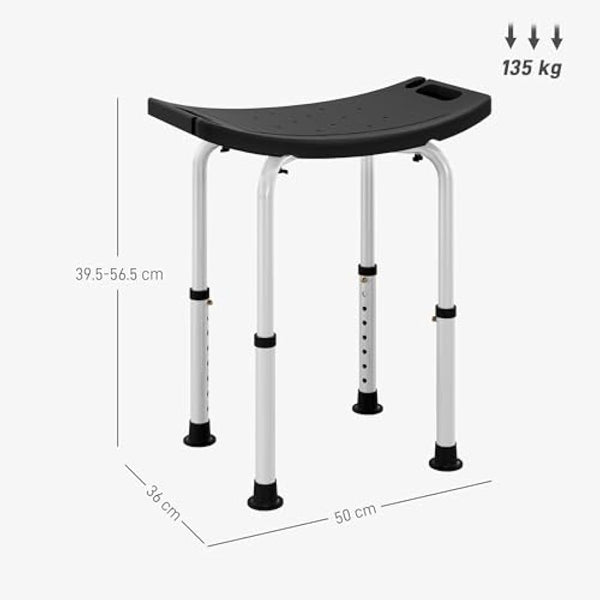 HOMCOM Height Adjustable Shower Stool, Aluminium Shower Chair, Non-Slip Bath Stool for Elderly, Disabled, Seniors, Pregnant, Black