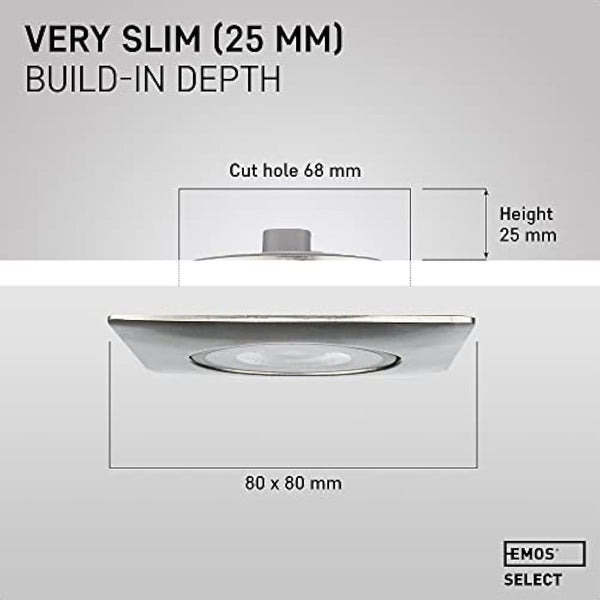 EMOS Square LED Spot Lights Ceiling 5W / 450lm / 3000k Warm White | downlights for Ceiling, Mains Powered, Ultra Slim, Adjustable Tilt | Pack of 12 recessed LED spotlights Ceiling Lights Silver