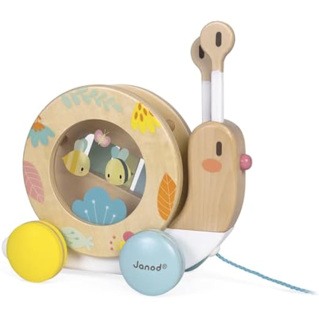 Janod - Wooden Pure Pull-Along Snail - Wooden Toy with Xylophone and Tambourine - Water Based Paint - Educational Musical Early Learning Toy - from 1 Year Old, J05159