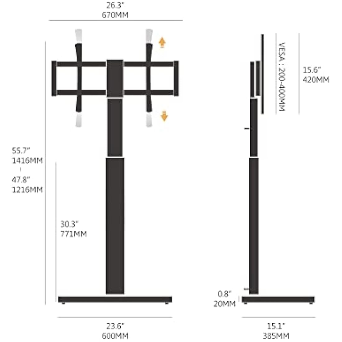FITUEYES TV Stand with 20mm Wood Base for 32-70 Inch TV, Tall TV Floor Stand with 60° Swivel & 6 Height Adjustment, Cantilever TV Mount Stand Max VESA 600x400mm Holds 40kg